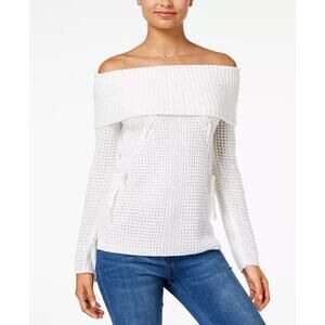 OHMG - Off Shoulder White Sweater with Ribbon Tie Lace-Up - Size Small